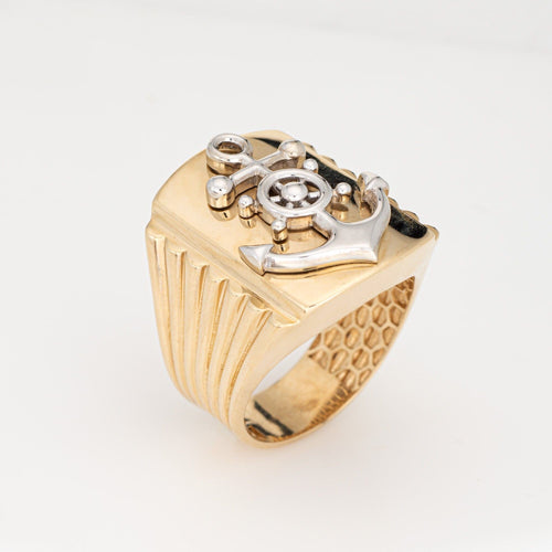 Bague Bague vintage ancre, taille 12,5, or jaune 14 carats, motif gouvernail de navire, bijou nautique pour homme 58 Facettes G14082