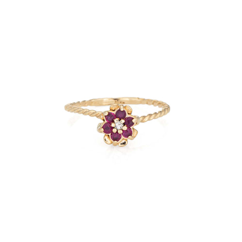Tulipe vintage en or jaune et diamants rubis