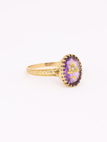 Bague 55 Bague victorienne or jaune améthyste gravée perle 58 Facettes 1164.2