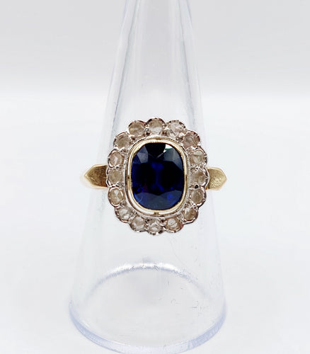 Bague 60 Bague pompadour Art Déco or et platine, saphir synthétique de 3,00 carats, diamants taille rose (circa 1920) 58 Facettes A04827