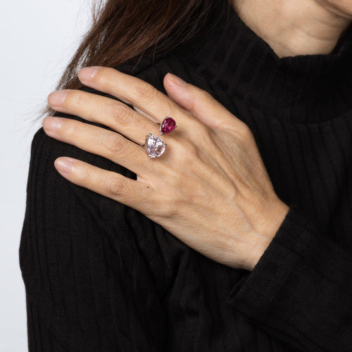 Bague 54.5 Bague ouverte en or blanc 18 carats et tourmaline rose kunzite, taille 7, bijou cocktail vintage 58 Facettes G14140