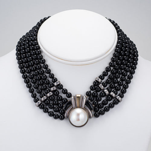 Collier Collier Cartier vintage des années 70, ras du cou en onyx, argent sterling, or 18 carats, perle Mabe 58 Facettes G14110