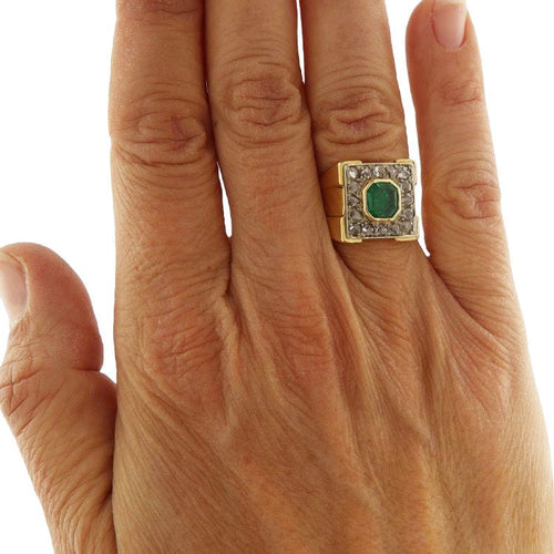 Bague 53.5 Bague en or jaune avec émeraude et diamants taille rose 58 Facettes G3869