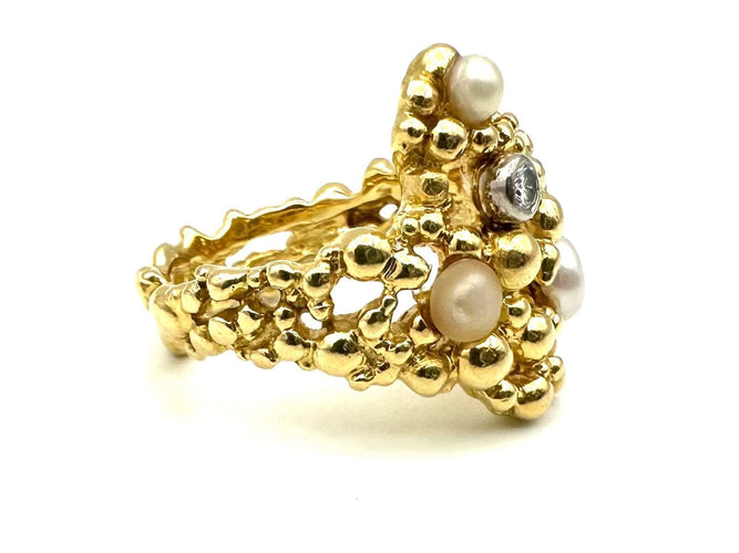 Bague 51 GILBERT ALBERT. Bague or jaune 18K, perles et diamants 58 Facettes