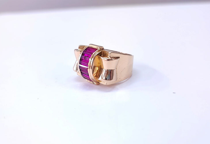 Bague 56 Bague Tank sertie de rubis baguettes en or rosé 18k 58 Facettes Tank.Rub.BagttDV