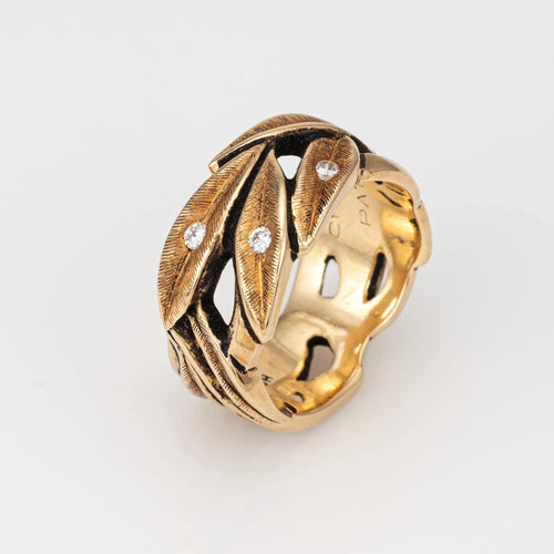 Bague Vintage Diamond Leaves Band Sz 6.75 Ring 9mm 14k Yellow Gold Wide Leaf Jewelry 58 Facettes G12840