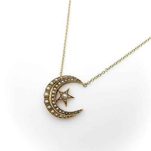 Collier Pendentif victorien en or 14 carats avec croissant de lune et étoile et chaîne en or 9 carats 58 Facettes A2004I