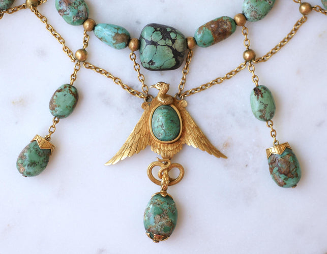 Collier Collier Ancien Néo-Égyptien Or Jaune et Turquoises 58 Facettes