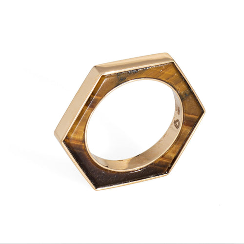 Bague Bague hexagonale taille 5,5, incrustée d'œil de tigre, or jaune 18 carats, anneau empilable, Estate 58 Facettes G13888