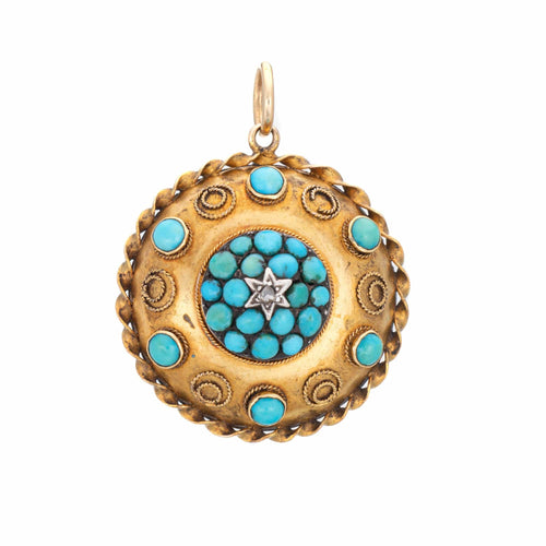 Médaillon victorien ancien en turquoise, pendentif en or jaune 14 carats et diamants, avec écrin.