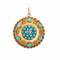 Médaillon victorien ancien en turquoise, pendentif en or jaune 14 carats et diamants, avec écrin.