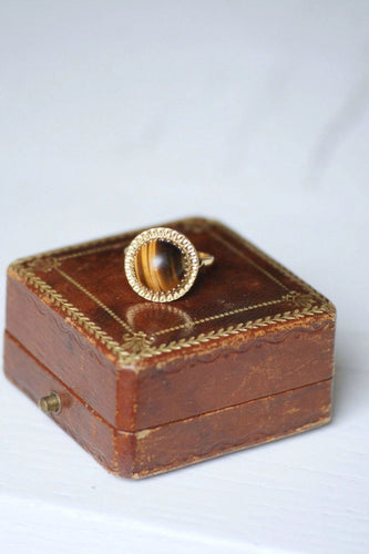 Bague cocktail vintage or jaune et quartz oeil de tigre