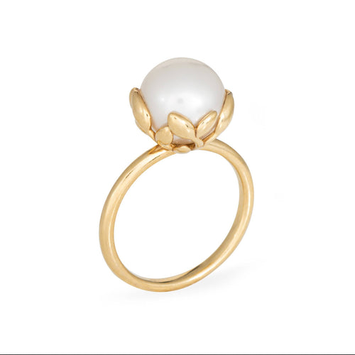 Bague Tiffany & Co en or jaune 18 carats avec perle et feuille d'olivier, taille 6, Paloma Picasso