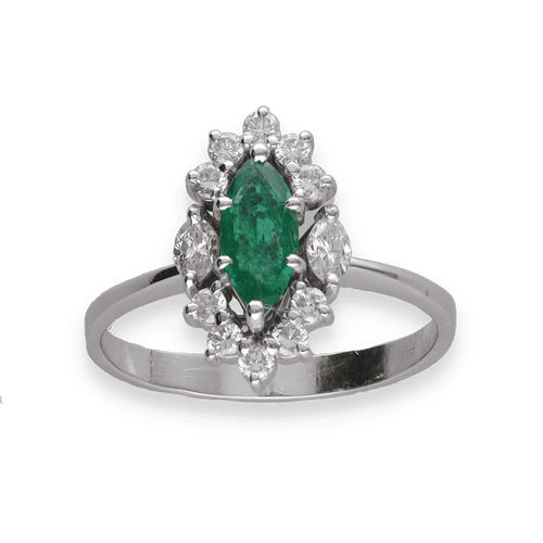 Bague 53 Bague en or gris 18K avec emeraude marquise 0,50 ct et diamants brillants & navettes - Taille 53 58 Facettes FB09768