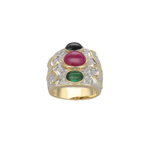 Bague Bague en or jaune 18 Cts avec saphir, rubis, émeraude et diamants vers 1990. T49 58 Facettes
