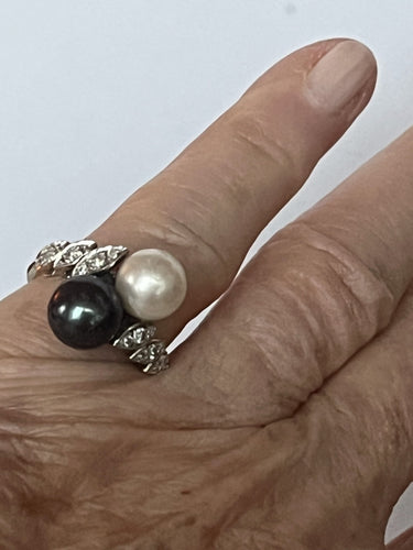 Bague 47 Bague Toi & Moi Or Gris Perles Diamants 58 Facettes LOT 6200