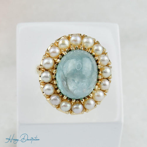 Bague 53.5 Bague vintage extravagante en or 585, ornée d'aigue-marine et de perles 58 Facettes 1996