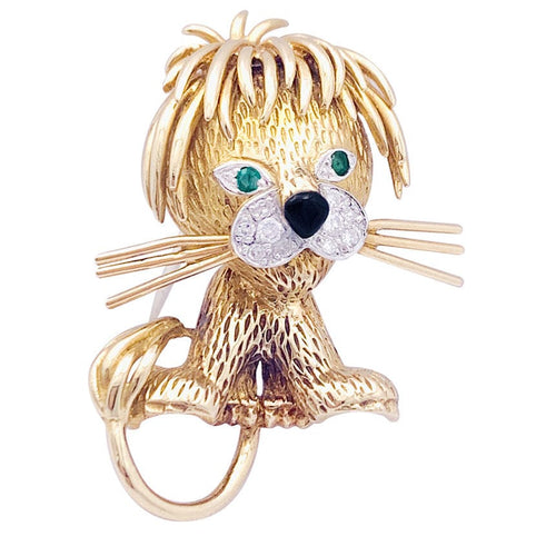 Broche Broche Van Cleef & Arpels, "Lion ébouriffé", en or jaune, diamants, émeraudes et émail. 58 Facettes 33352