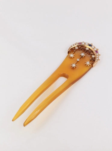Accessoire Peigne ancien en or, corne, perles fines, saphirs et rubis 58 Facettes 659