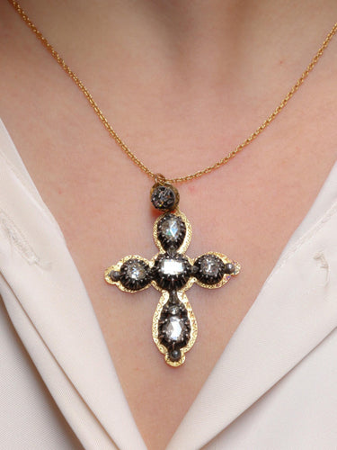 Pendentif Pendentif ancien croix or argent diamant table diamants taille rose 58 Facettes J335