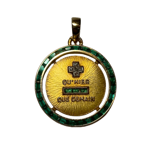 Pendentif MEDAILLE A. AUGIS OR 18K DIAMANTS EMERAUDES + QU'HIER - QUE DEMAIN 58 Facettes