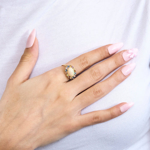Bague Bague or jaune, opale 5cts, saphirs multicolores 58 Facettes