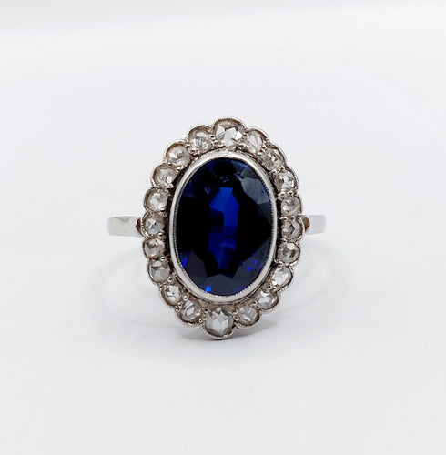 Bague 56.5 Bague marguerite antique, Platine, saphir synthétique et diamants taille roses (circa 1910) pompadour 58 Facettes A05897