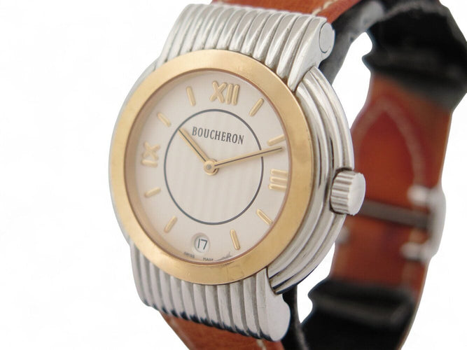 Montre montre BOUCHERON solis or 18k & acier bracelet croco autruche quartz 58 Facettes 270502