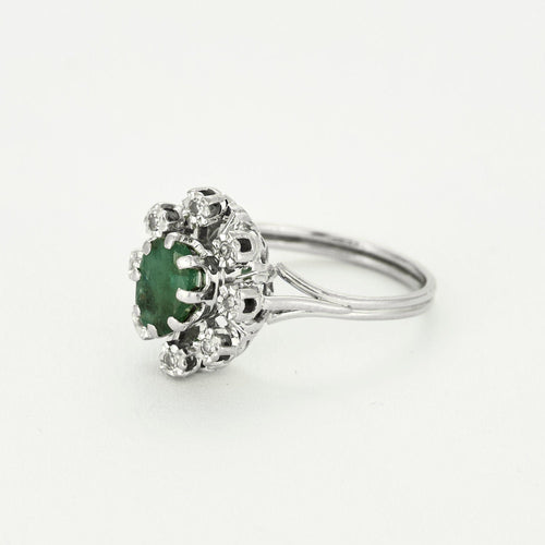 Bague 53 Bagur marguerite or blanc, émeraude et diamants 58 Facettes EPI10662