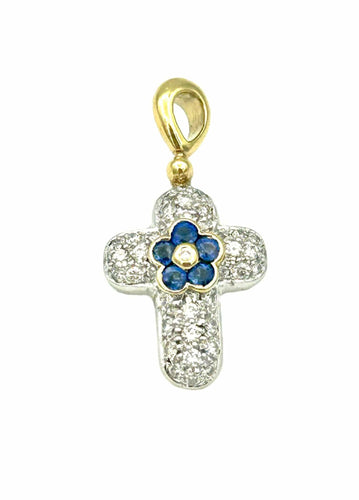 Pendentif Croix 2 Ors 18K Saphir et Diamants