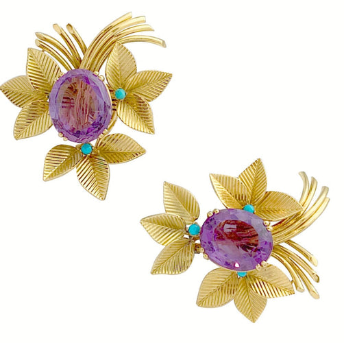 Boucles d'oreilles Boucles d'oreilles vintages, or jaune, améthystes, turquoises. 58 Facettes 31336