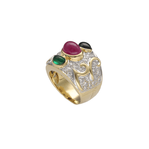 Bague Bague en or jaune 18 Cts avec saphir, rubis, émeraude et diamants vers 1990. T49 58 Facettes