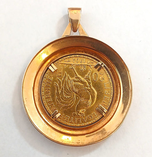 Pendentif Médaille porte-pièce 20 Francs or jaune Marianne-coq 58 Facettes 567/2