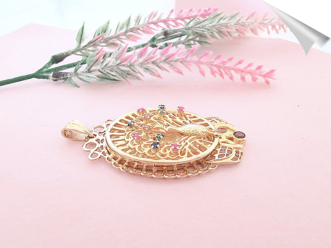 Pendentif Pendentif Paon Pierres de couleur Or Jaune 18 K 58 Facettes AA 1566
