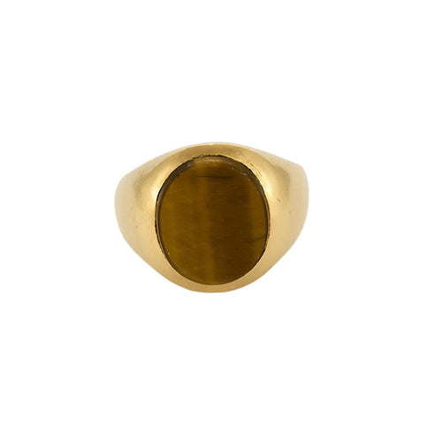 Bague chevalière en or jaune et quartz oeil de tigre
