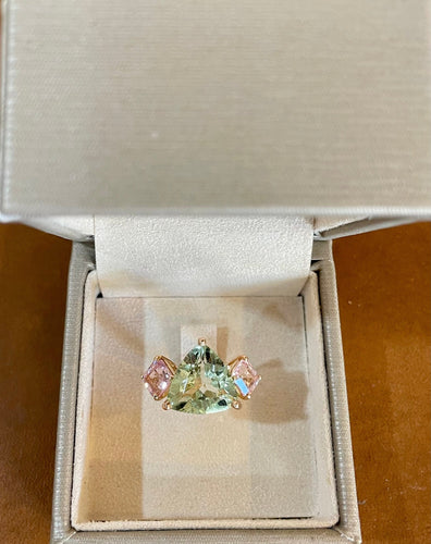 Bague 51 Bague Trilogie Or Rose, Béryl Vert Trillion 5 Carats, Morganites 58 Facettes B380