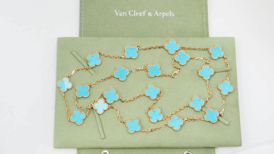 Collier VAN CLEEF & ARPELS - Sautoir Vintage Alhambra or jaune et turquoise 58 Facettes