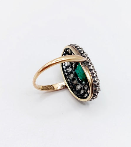 Bague 54 Bague marquise antique en or rose 18k et argent, doublet grenat vert et diamants 58 Facettes A06674