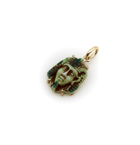 Pendentif Pendentif/breloque Pharaon en faïence de style Art déco de style néo-égyptien, monté sur or 14 carats 58 Facettes