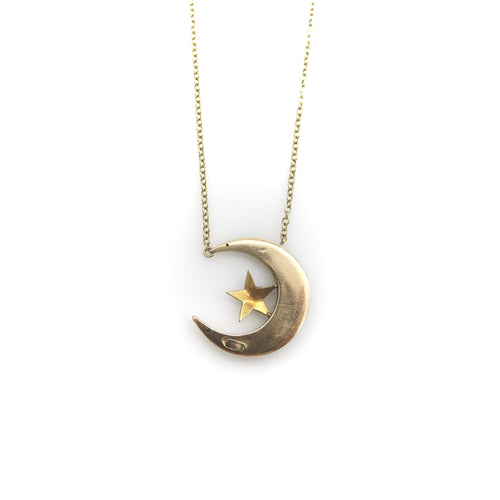 Collier Pendentif victorien en or 14 carats avec croissant de lune et étoile et chaîne en or 9 carats 58 Facettes A2004I