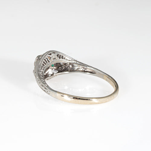 Bague 56 Bague Art déco vintage en or blanc 14 carats avec diamants et émeraude 58 Facettes G13877