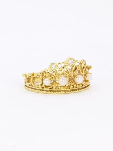 Bague 54 Bague couronne or jaune diamants perles 58 Facettes 1108.1