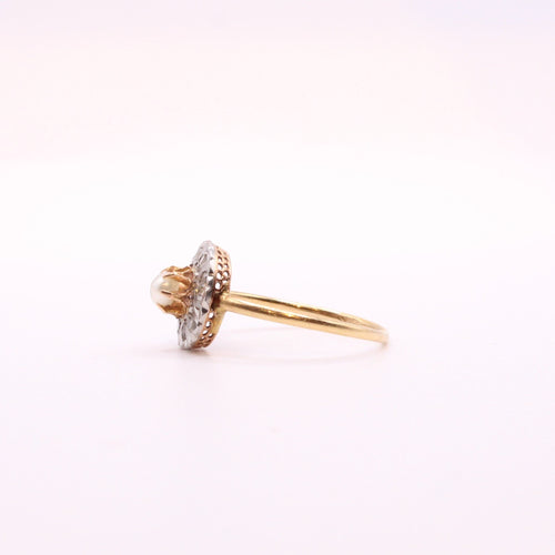Bague Bague rosace de diamants avec perle fine début 1900 or jaune 58 Facettes 485