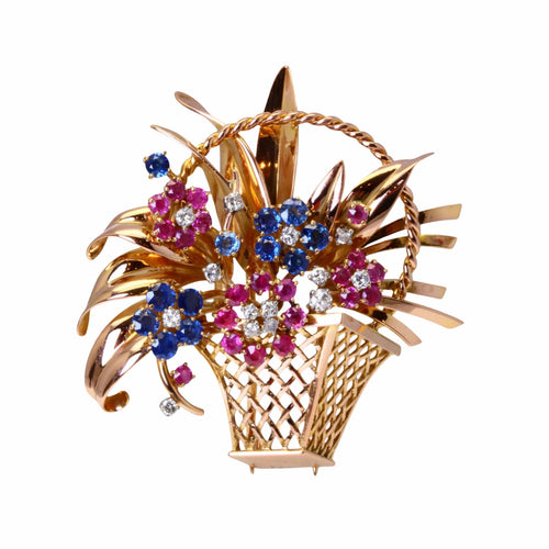 Broche MAUBOUSSIN Broche clips jardinière en or, diamants, saphir et rubis. 58 Facettes