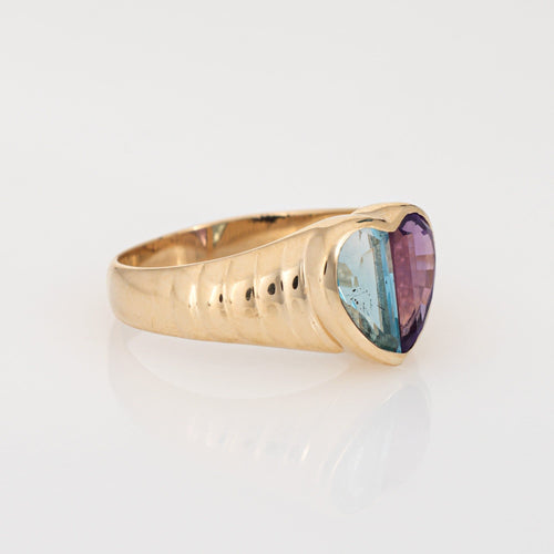 Bague Bague cœur en or jaune 14 carats, topaze bleue et améthyste, taille 6,5, bijou vintage 58 Facettes G13919