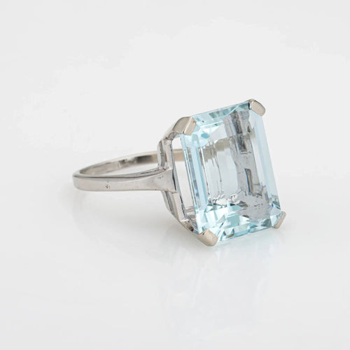 Bague Bague en or blanc 14 carats avec aigue-marine 12 carats, taille émeraude cocktail, taille 6,5, bijoux fins 58 Facettes G13435