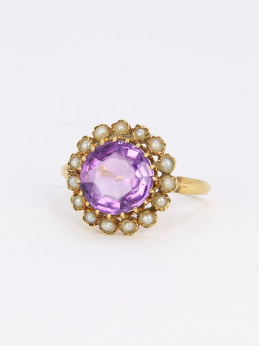 Bague 52 Bague marguerite ancienne or jaune amethyste perles fines 58 Facettes 1102.6