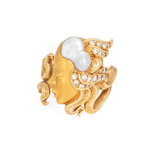 Bague Déesse Carrera y Carrera, taille 4, or jaune 18 carats, perle Biwa, diamants