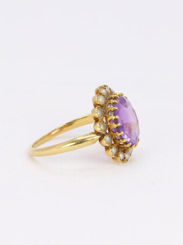 Bague 52 Bague marguerite ancienne or jaune amethyste perles fines 58 Facettes 1102.6