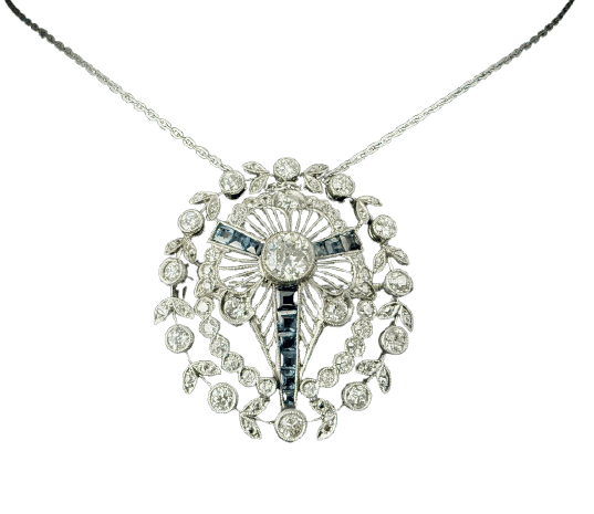 Pendentif Broche/Pendentif Art Déco en platine serti de 2,80 carats de diamants et saphirs 58 Facettes